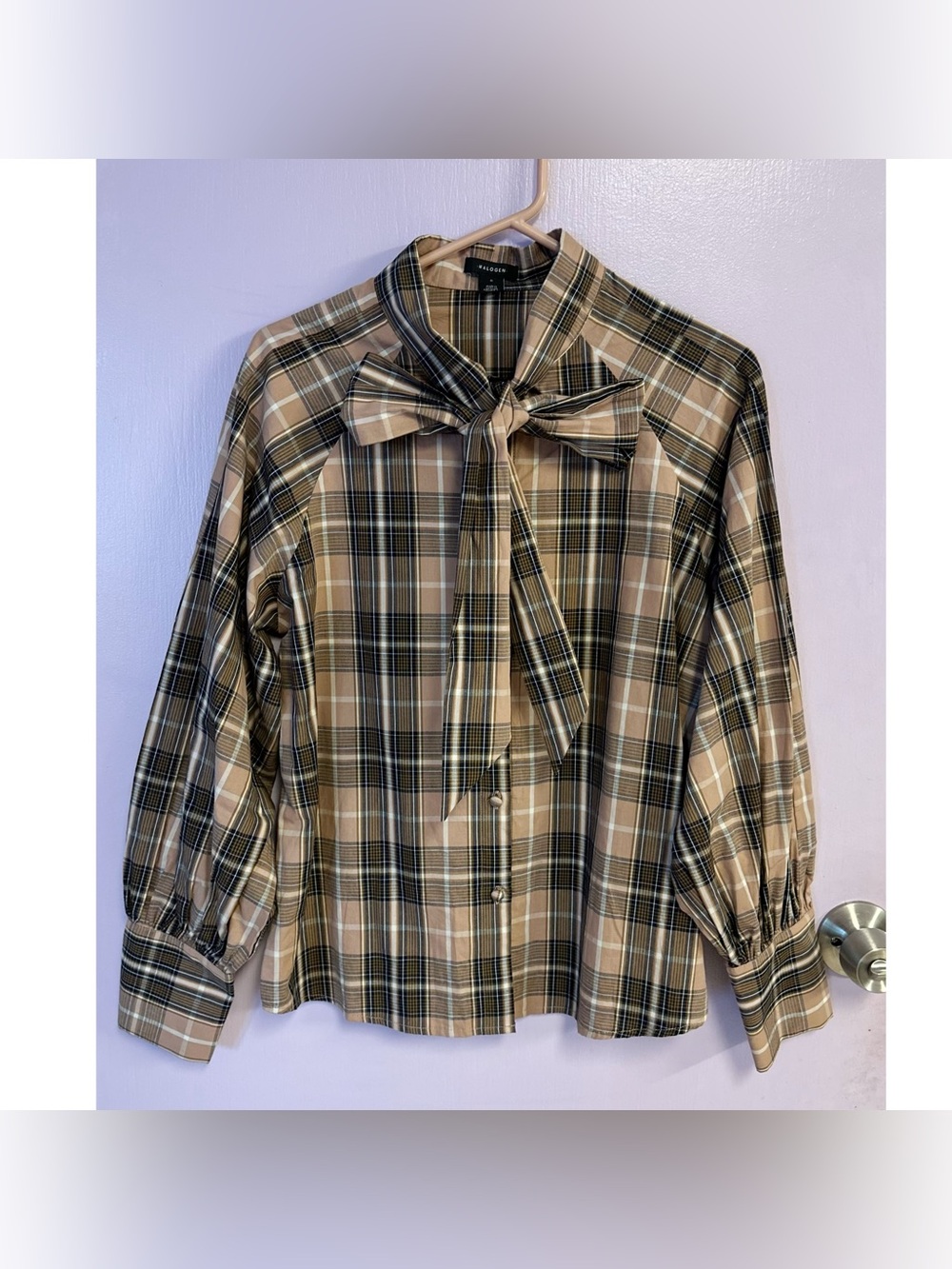 NWT Halogen Plaid Tie Neck Button-Up Shirt Size S